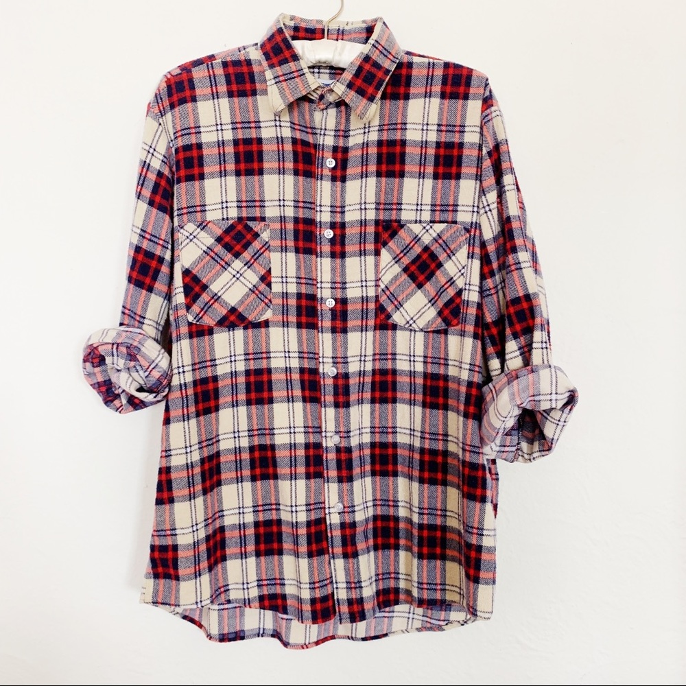 Vintage Flannel Plaid Work Shirt - Red and Blue